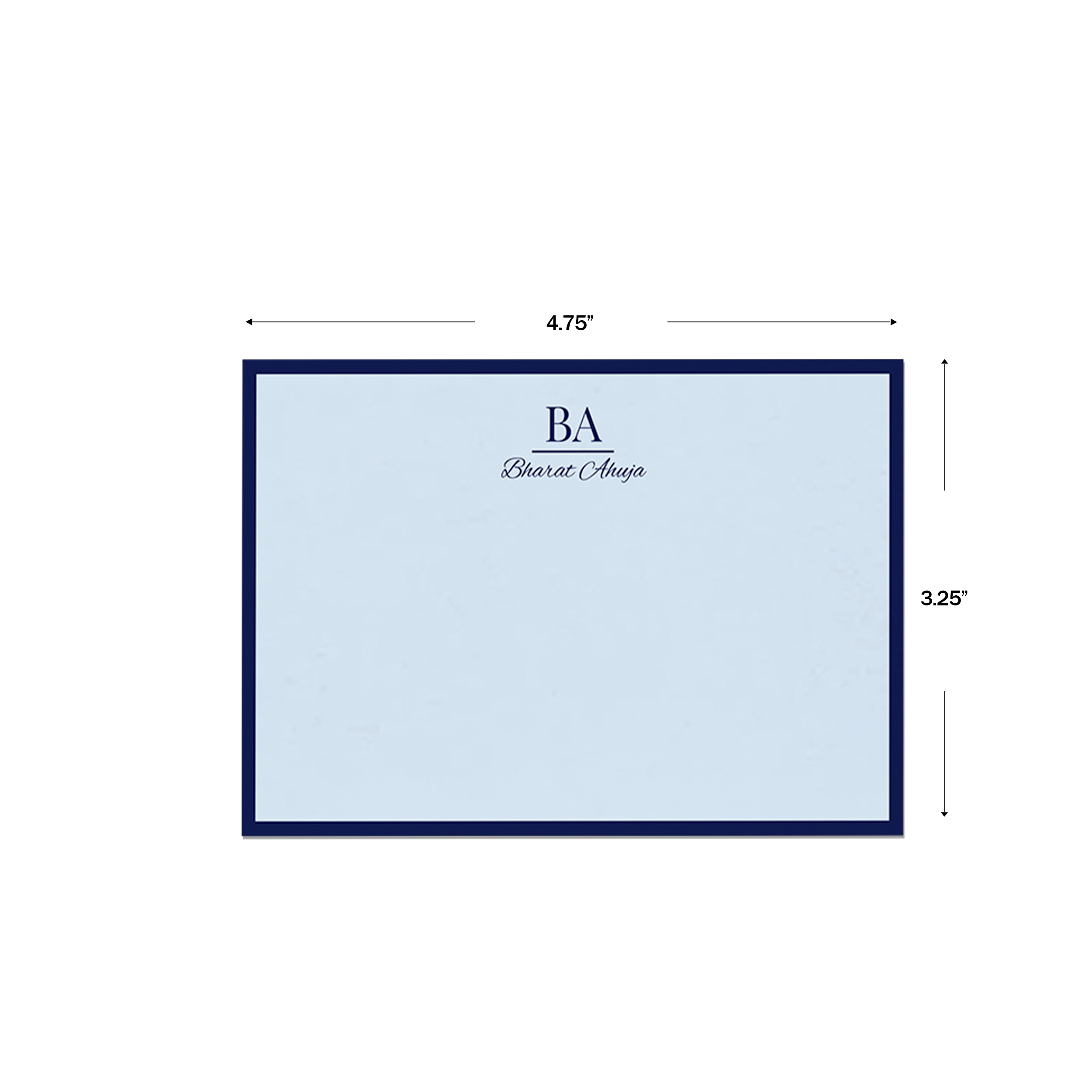 Blue Circle Pop Personalised Flat Notecards, shown with dimensions on a white background