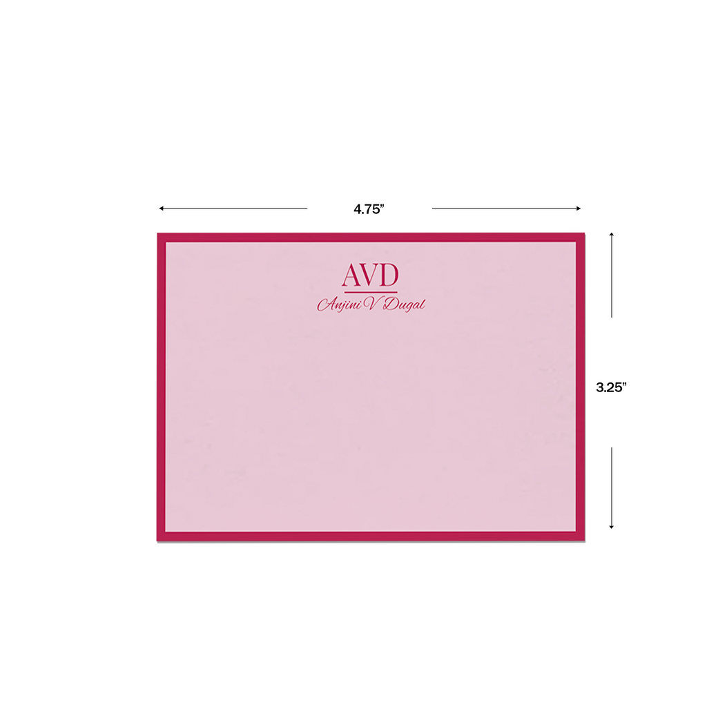 Pink & Red Circle Pop Personalised Flat Notecards, shown with dimensions on a white background
