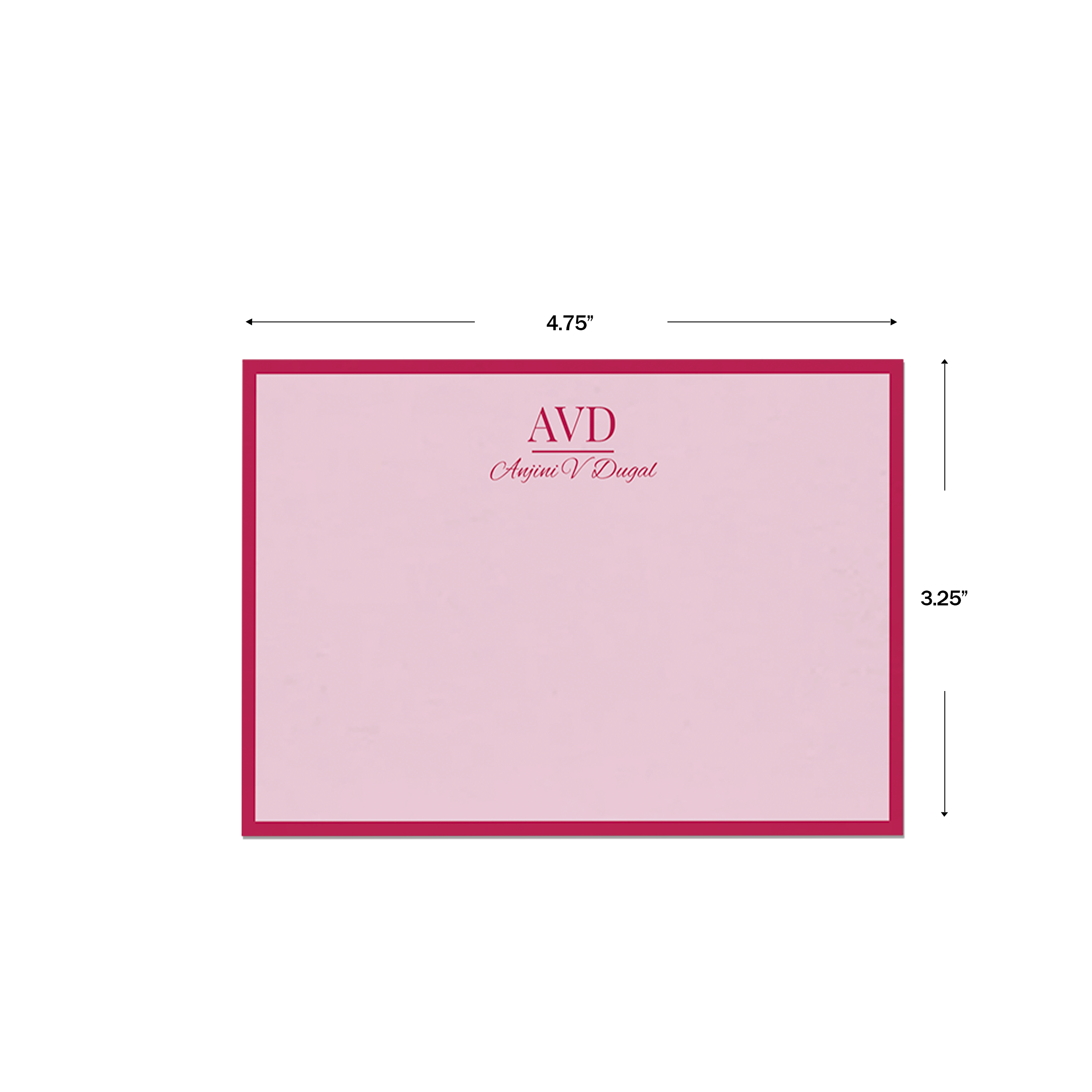 Pink & Red Circle Pop Personalised Flat Notecards, shown with dimensions on a white background