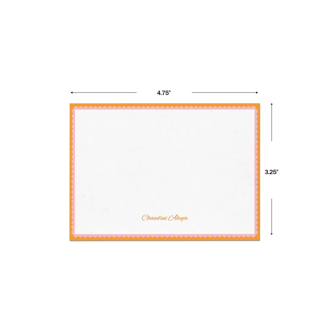 Pink & Orange Bold Bars Personalised Flat Notecards & Envelopes, shown with dimensions on a white background