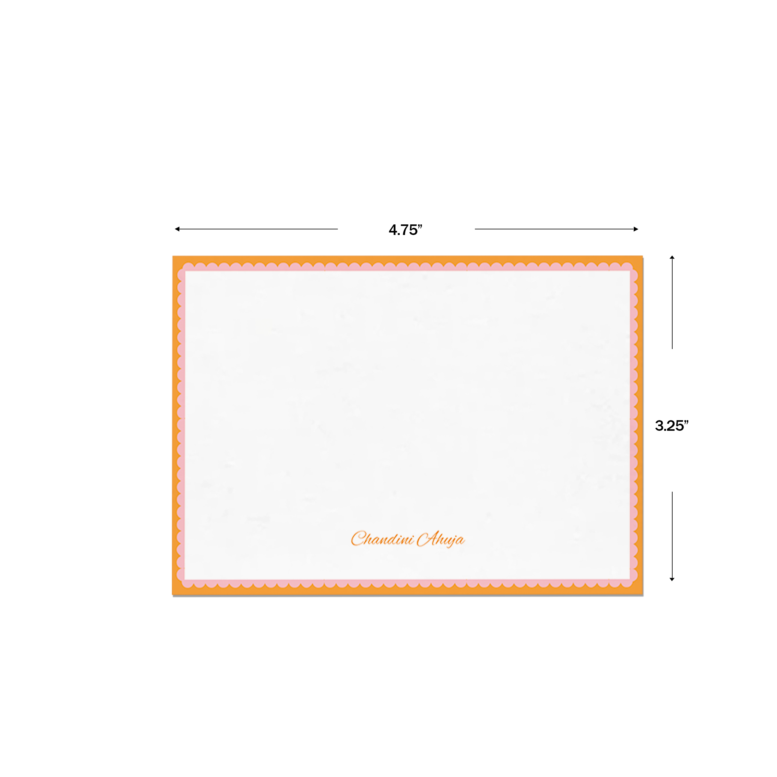 Pink & Orange Bold Bars Personalised Flat Notecards & Envelopes, shown with dimensions on a white background