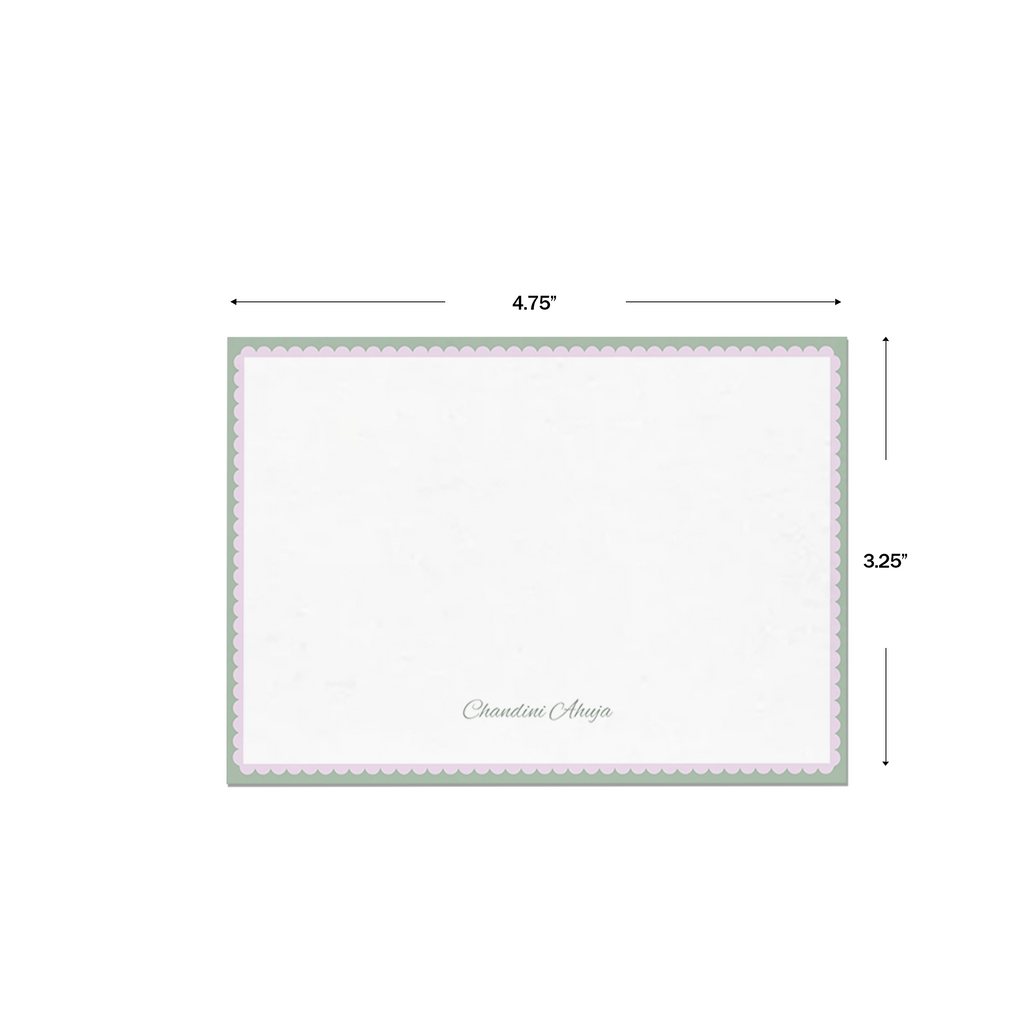 Lilac & Green Bold Bars Personalised Flat Notecards & Envelopes, shown with dimensions on a white background