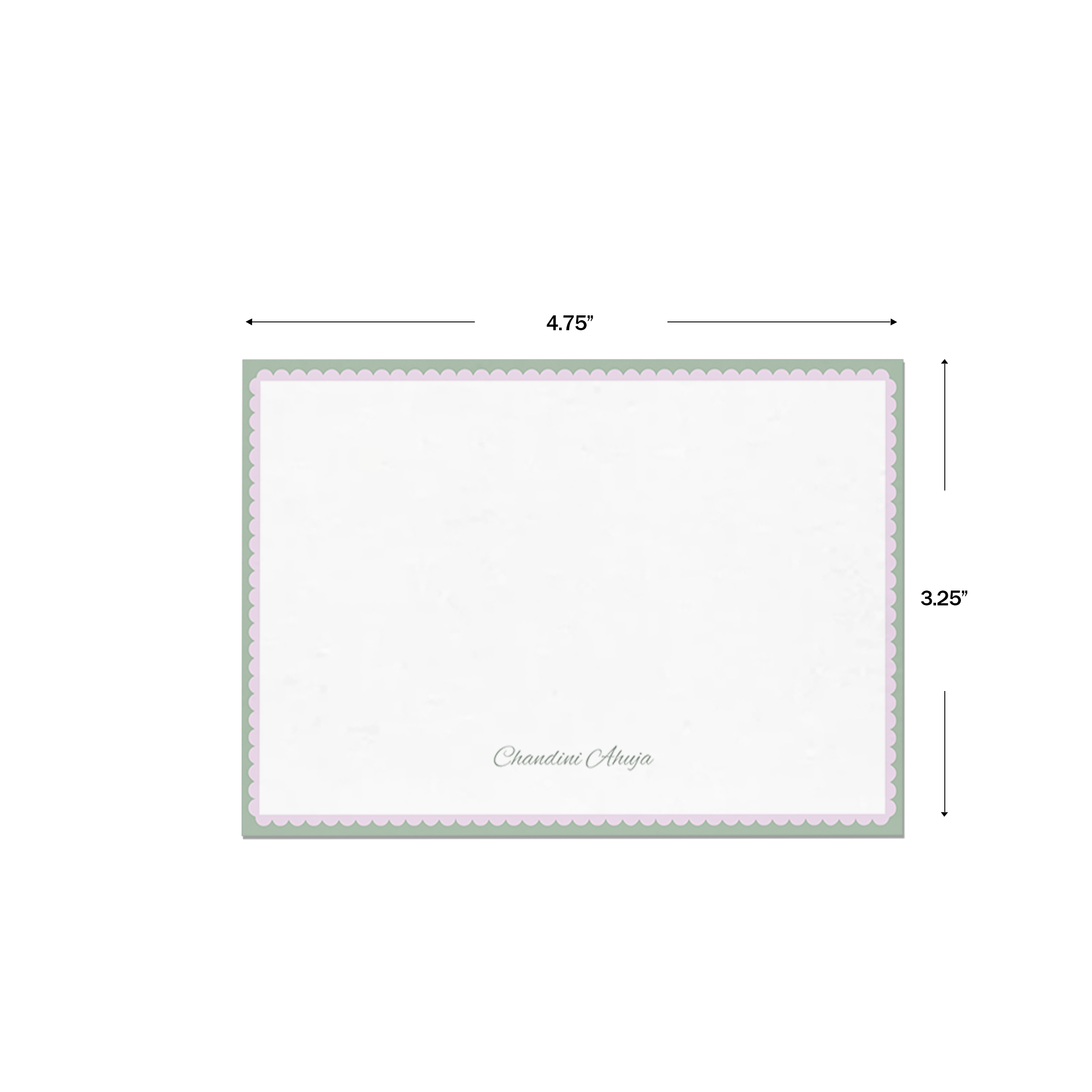 Lilac & Green Bold Bars Personalised Flat Notecards & Envelopes, shown with dimensions on a white background