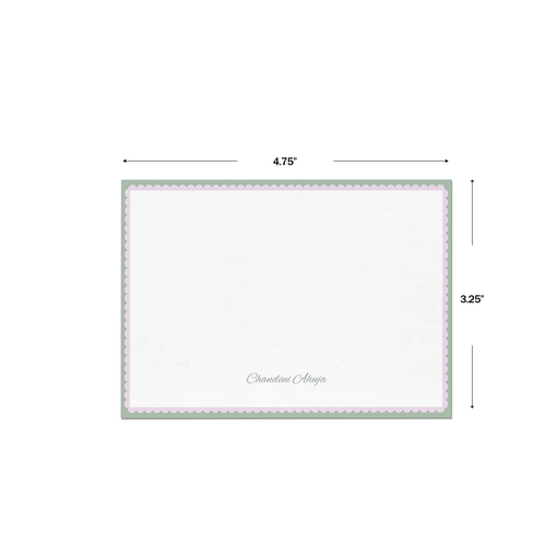 Lilac & Green Bold Bars Personalised Flat Notecards & Envelopes, shown with dimensions on a white background