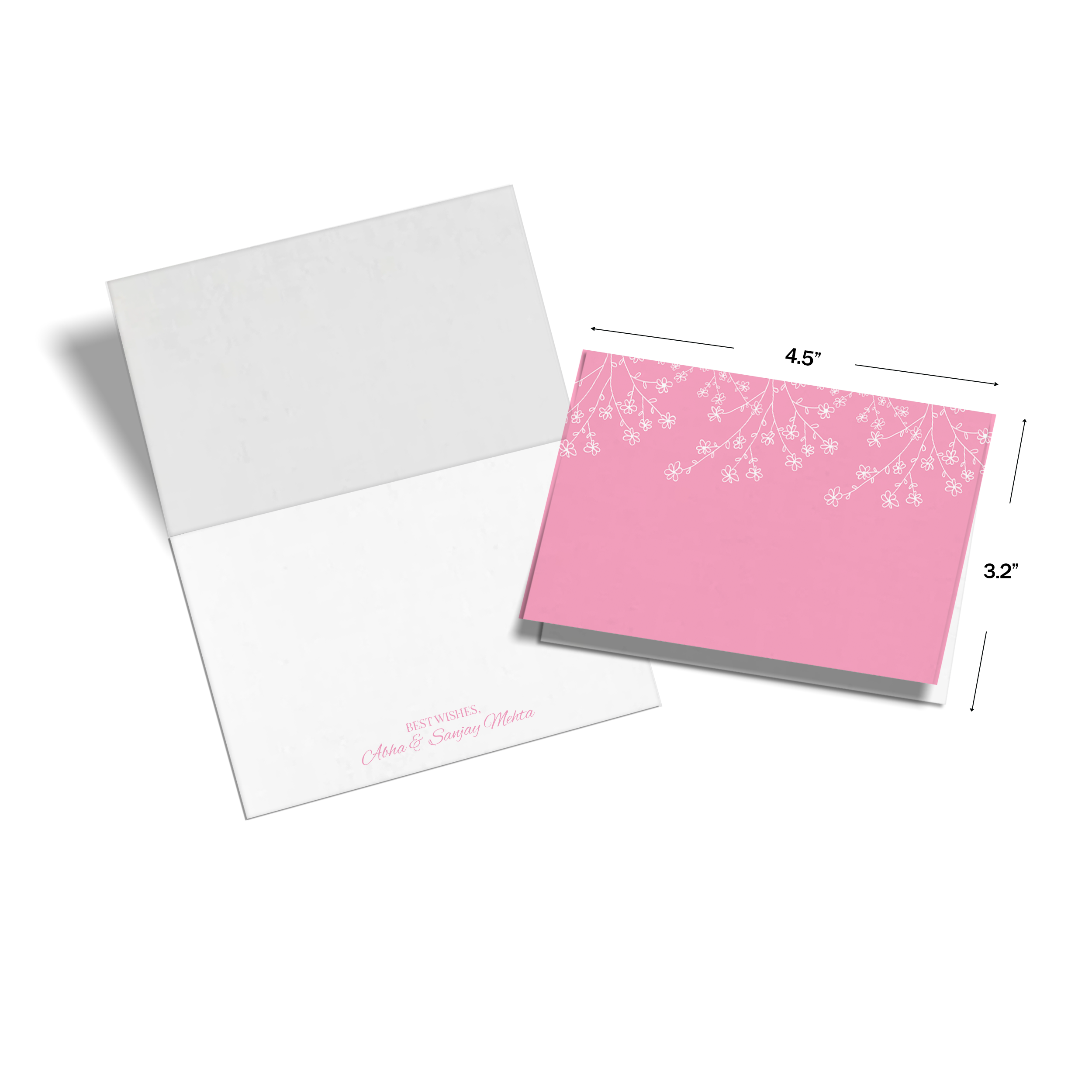 Pink Delicate Flower Branch Personalised Fold Notecards, shown with dimensions on a white background