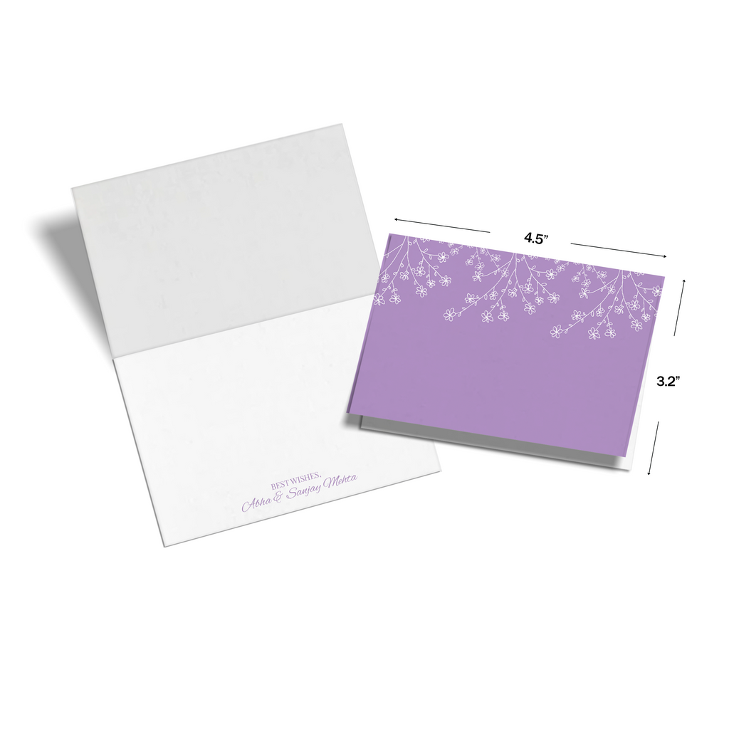 Purple Delicate Flower Branch Personalised Fold Notecards, shown with dimensions on a white background