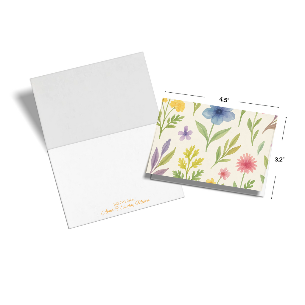Cream Soft Bloom Personalised Fold Notecards, shown with dimensions on a white background