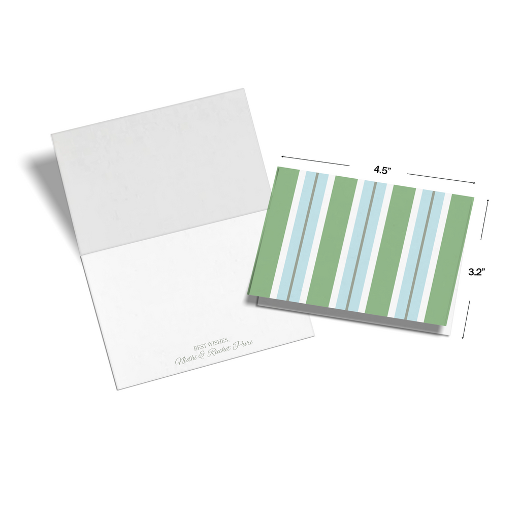 Mint & Sky – Vertical Stripe Personalised Fold Notecards, shown with dimensions on a white background