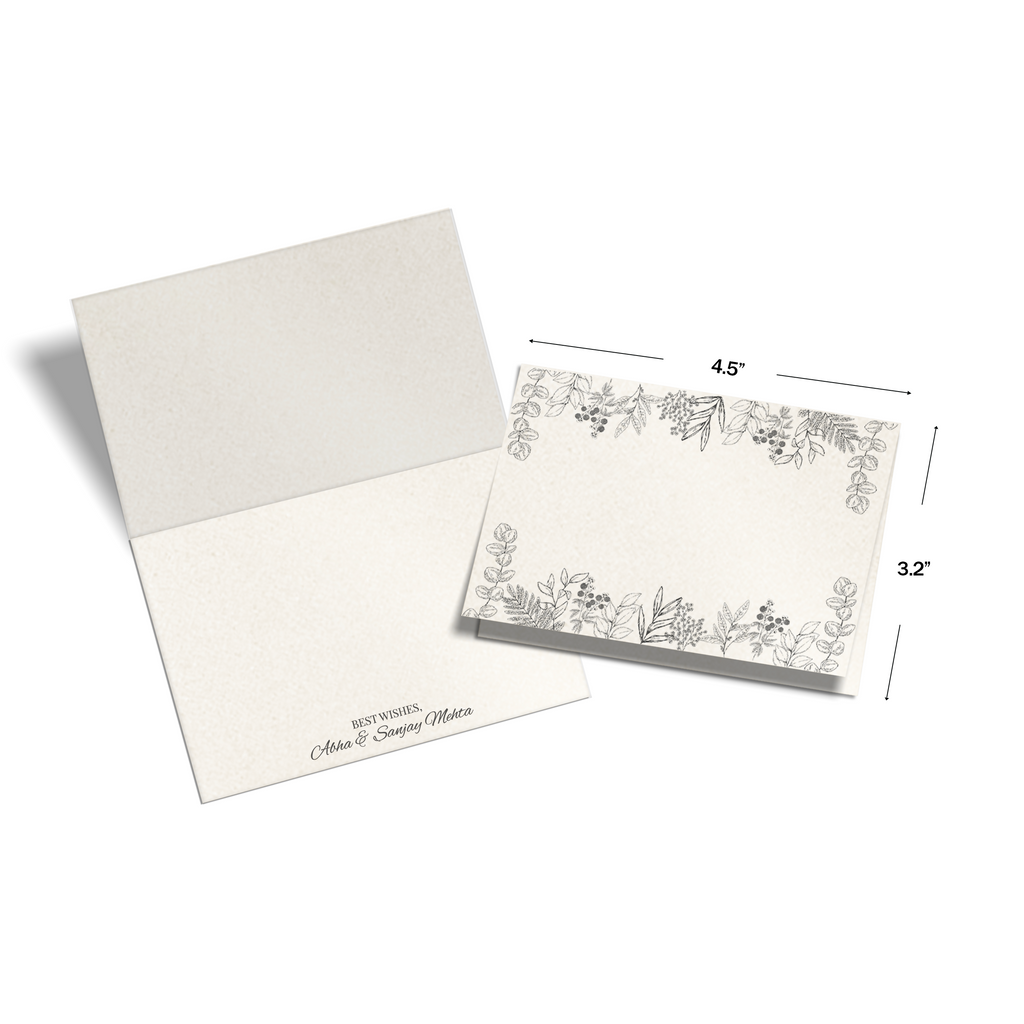 Hand-Drawn Metallic Personalised Fold Notecards & Envelopes, shown with dimensions on a white background