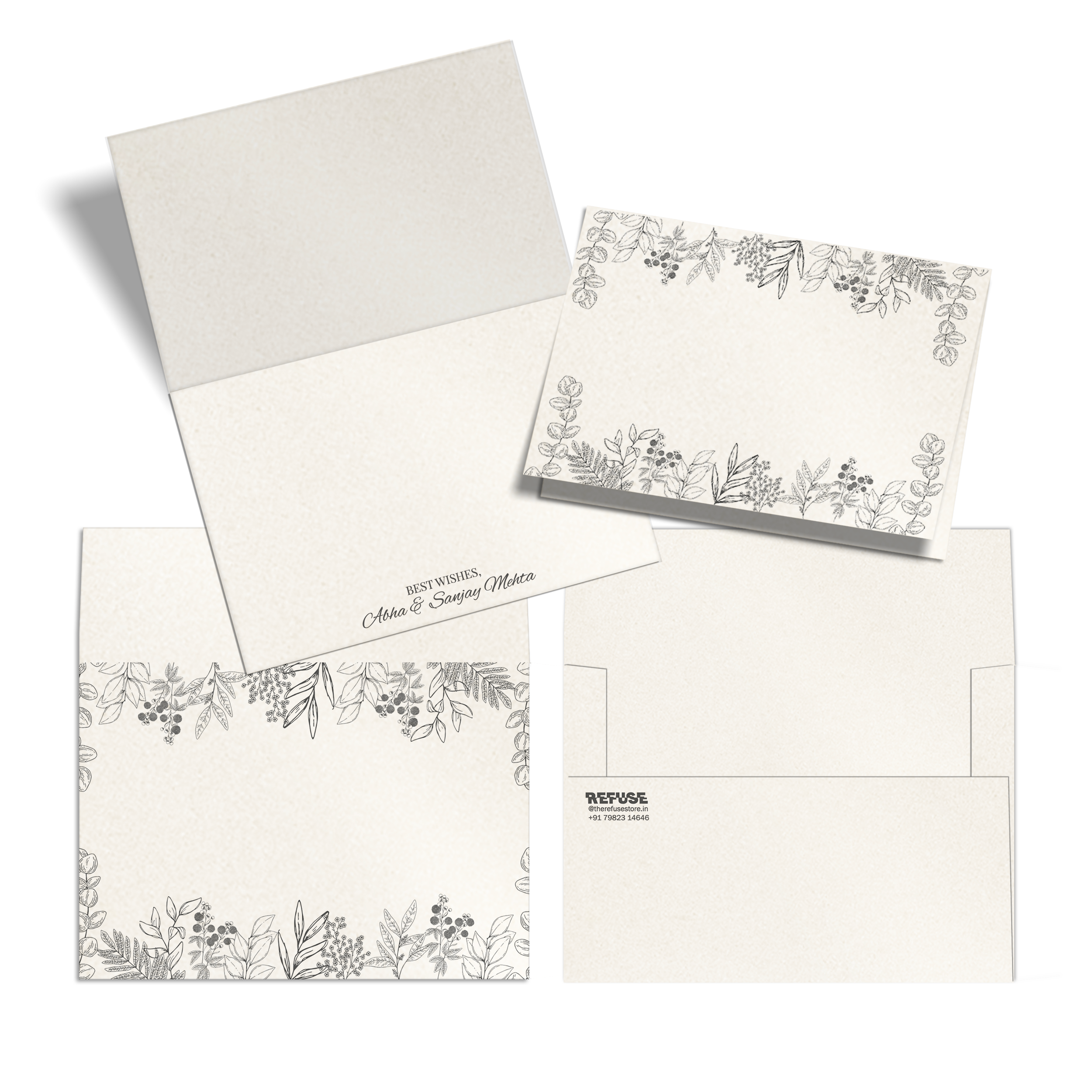 Hand-Drawn Foliage Metallic Personalised Fold Notecards & Envelopes