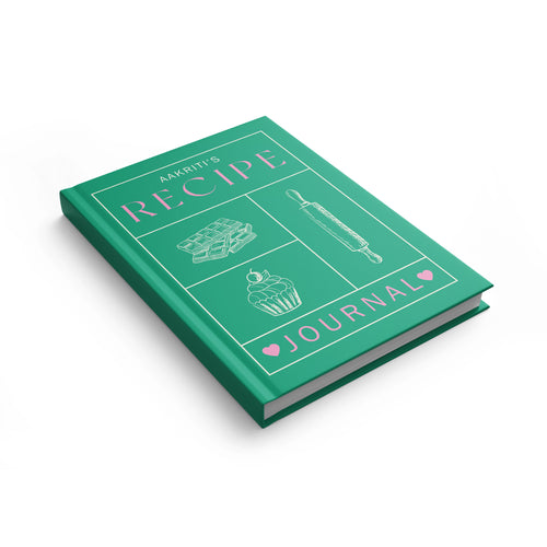 Side view of the personalised hardbound recipe journal showing premium hardcover binding and page thickness.