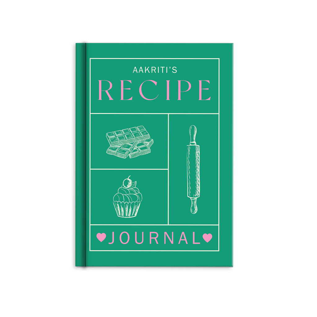 Personalised Recipe Hardbound Journal with custom name on the cover, hardcover recipe notebook for organising favourite recipes.