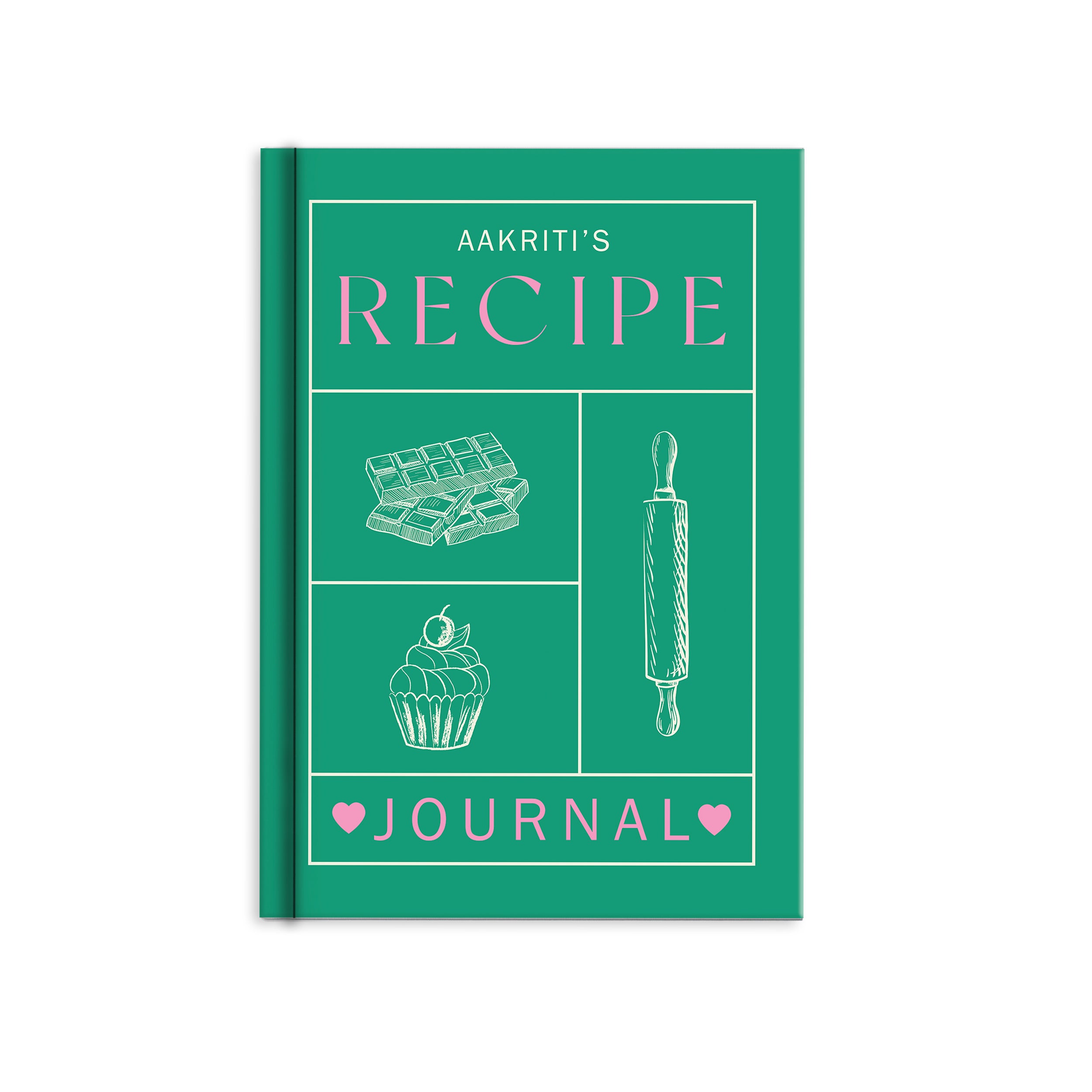 Personalised Recipe Hardbound Journal with custom name on the cover, hardcover recipe notebook for organising favourite recipes.