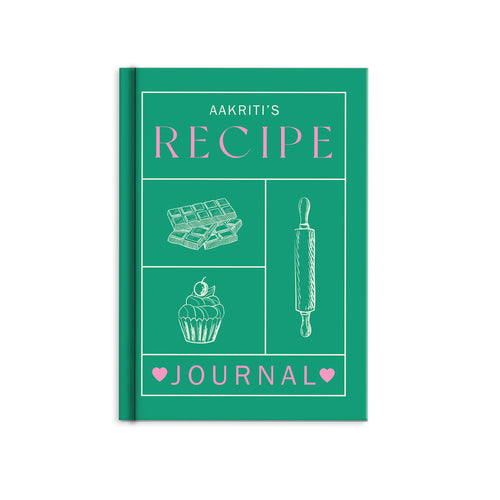 Personalised Recipe Hardbound Journal with custom name on the cover, hardcover recipe notebook for organising favourite recipes.