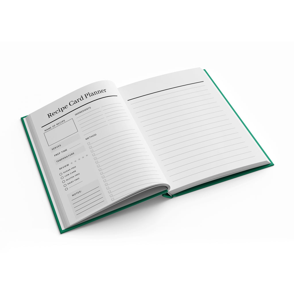 Inside pages of the personalised recipe journal featuring recipe planning sections for ingredients, instructions, prep time, cook time, and notes.