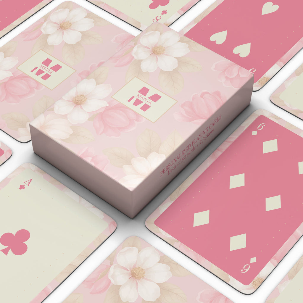 Pink floral personalised playing cards