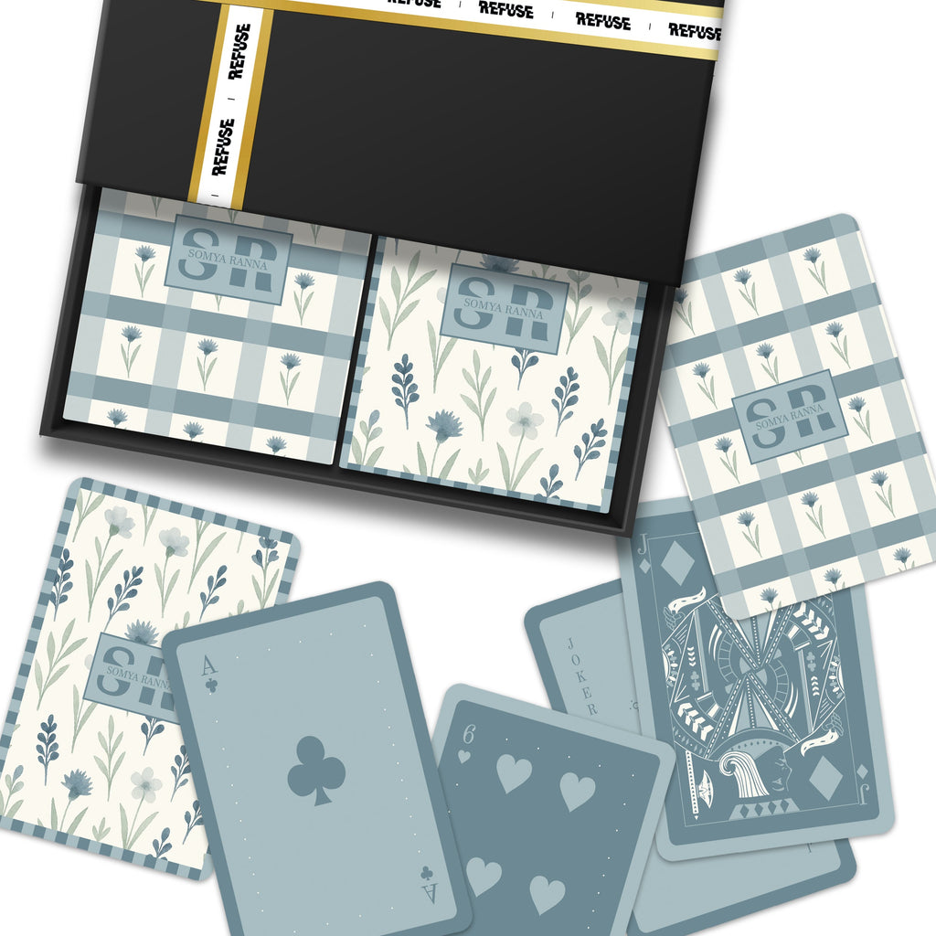 Blue floral personalised playing cards gift set