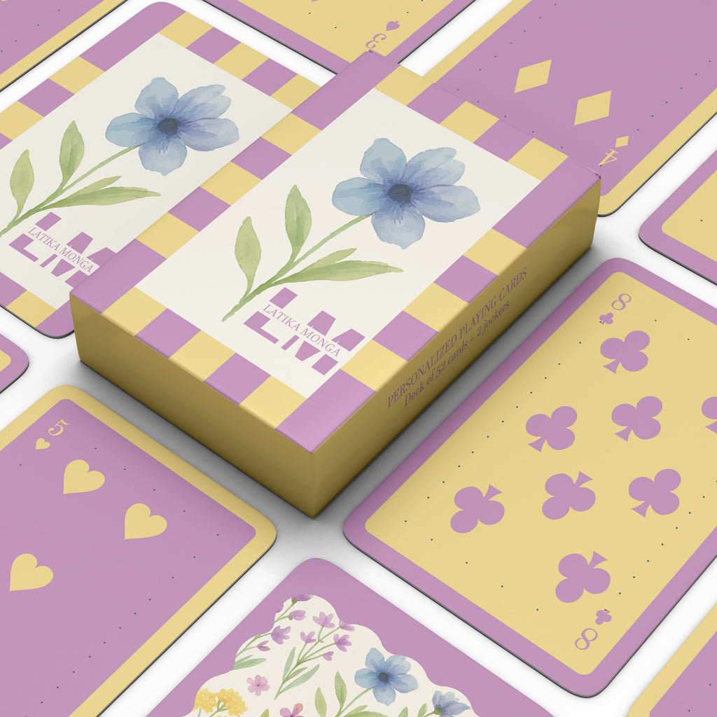 Lilac & yellow floral personalised playing cards