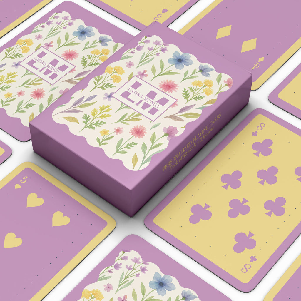 Lilac & yellow floral personalised playing cards