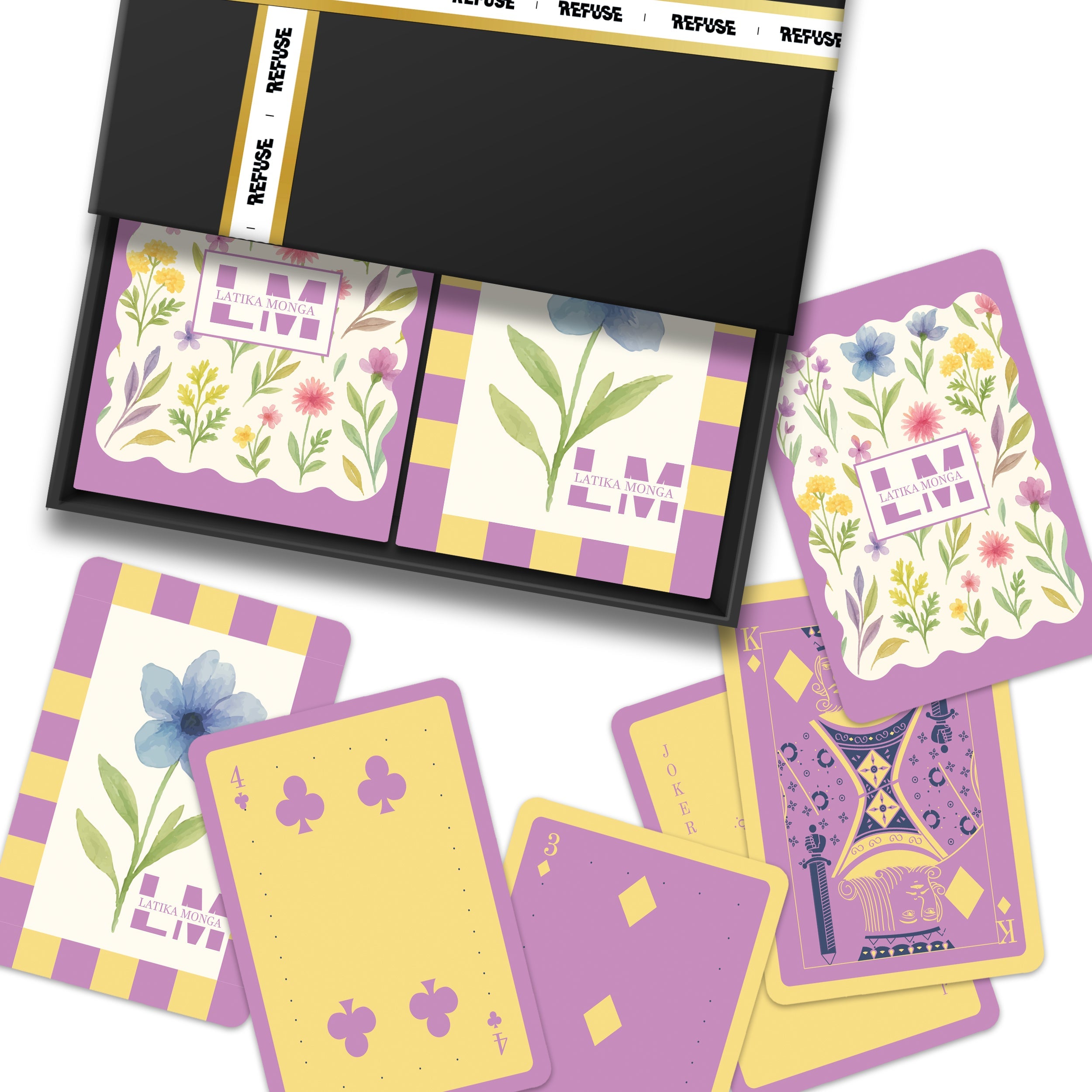 Lilac & yellow floral personalised playing cards