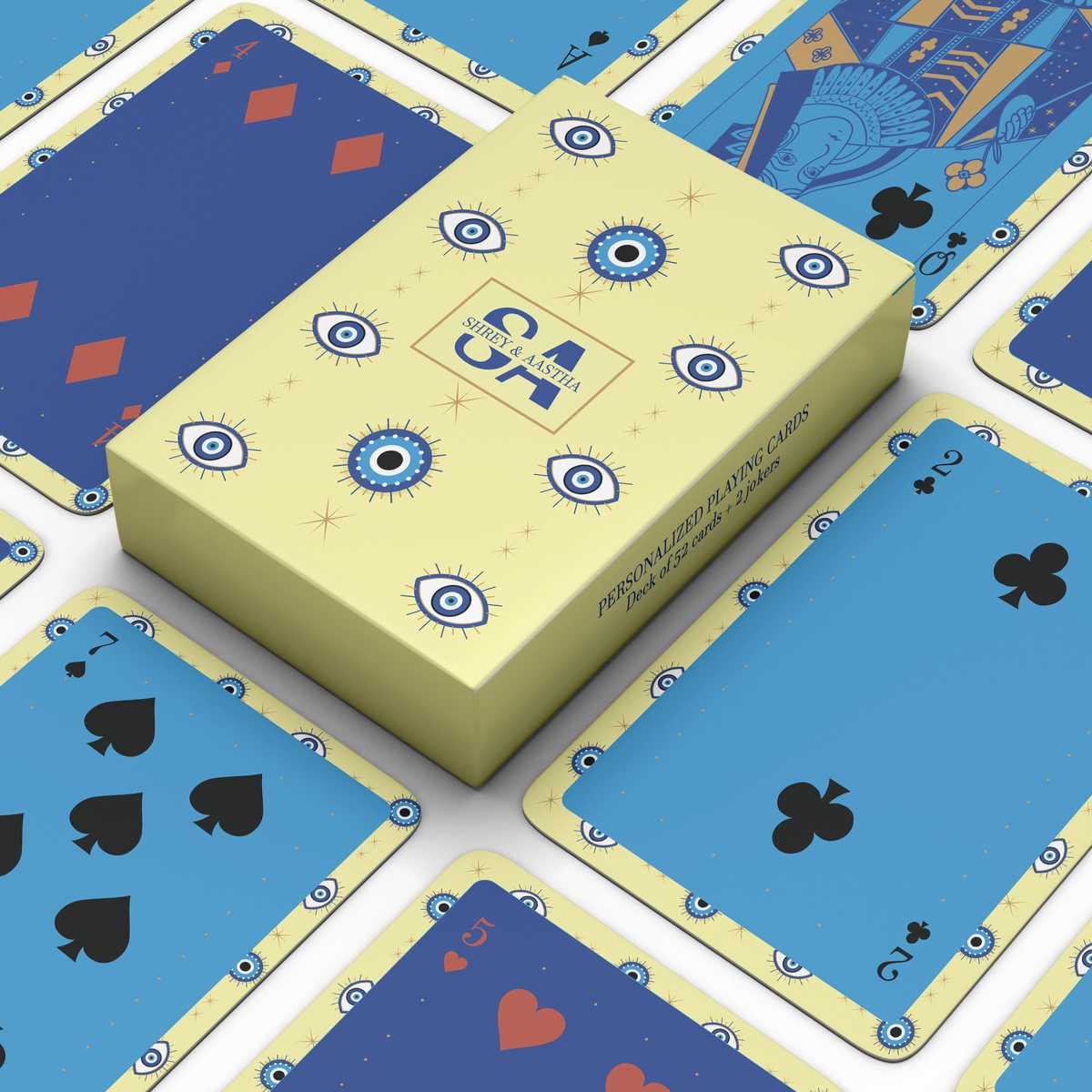 Personalised playing card set with yellow & blue evil eye playing card designs.