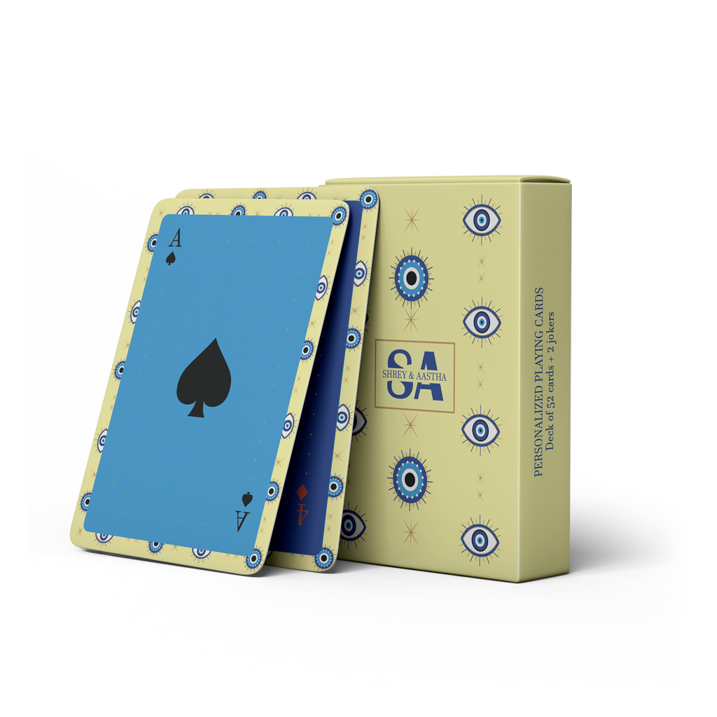 Personalised playing cards featuring yellow & blue evil eye design