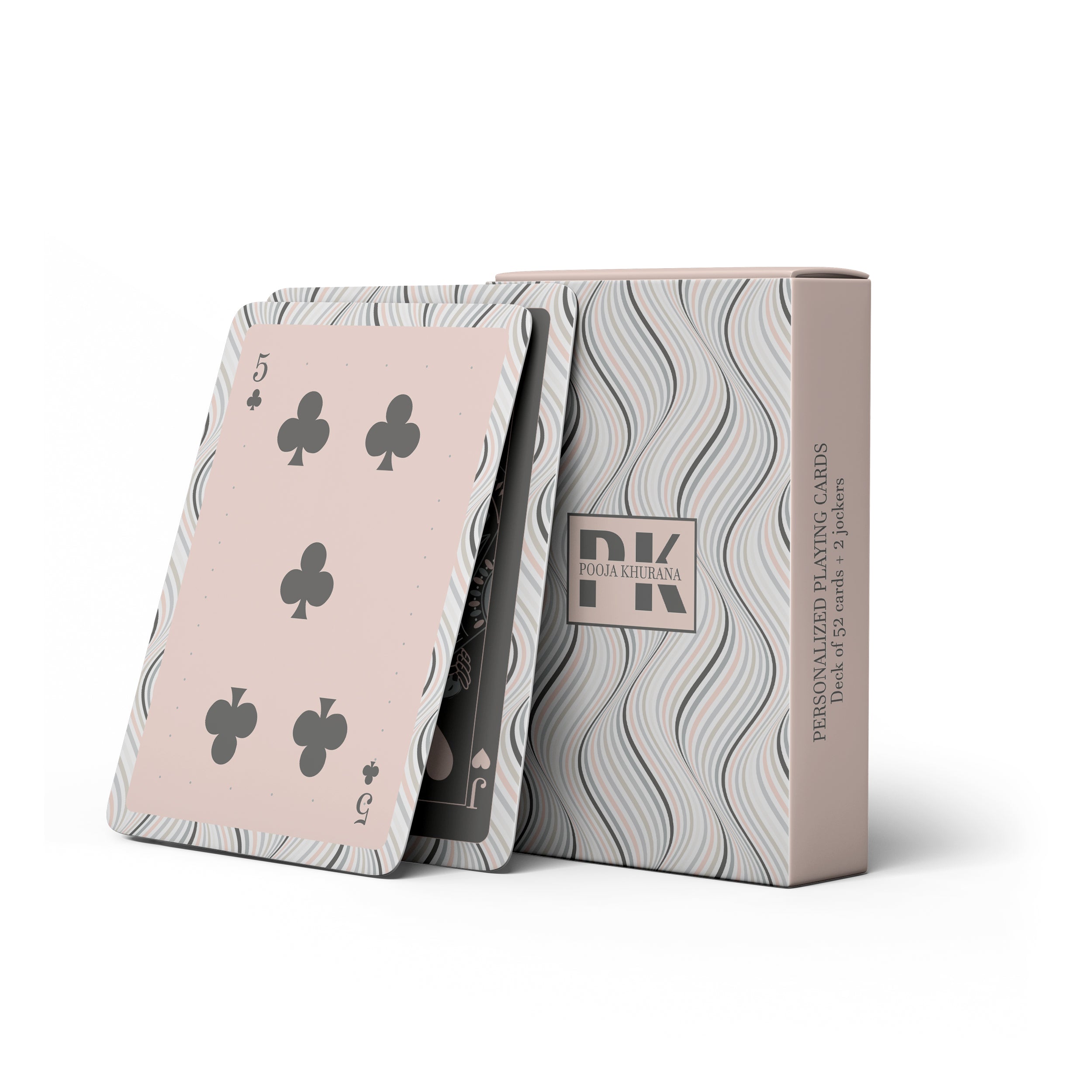 Personalised playing cards featuring a peach and charcoal club design with a wavy retro-patterned border.