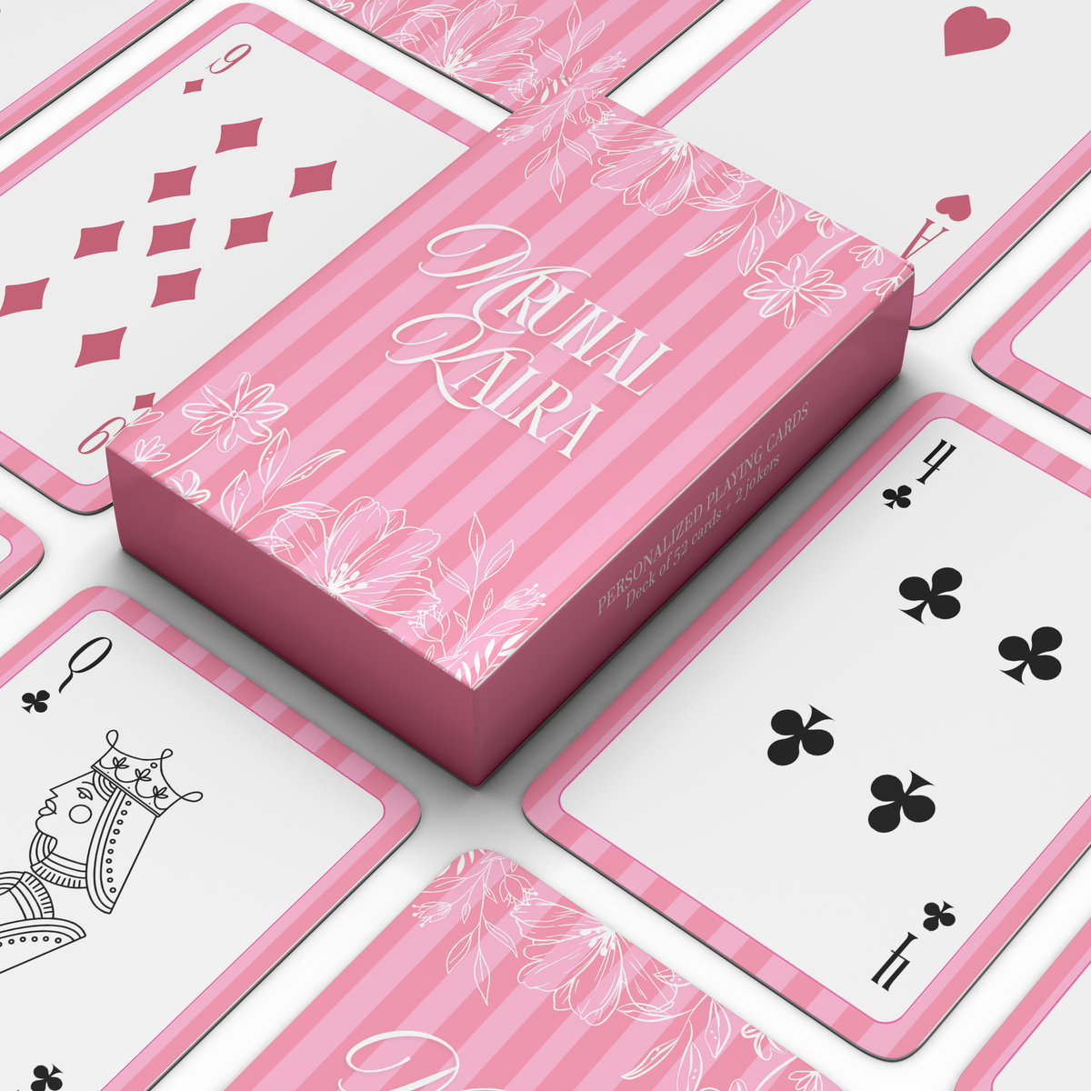 Floral Pink Stripes Personalised Playing Cards