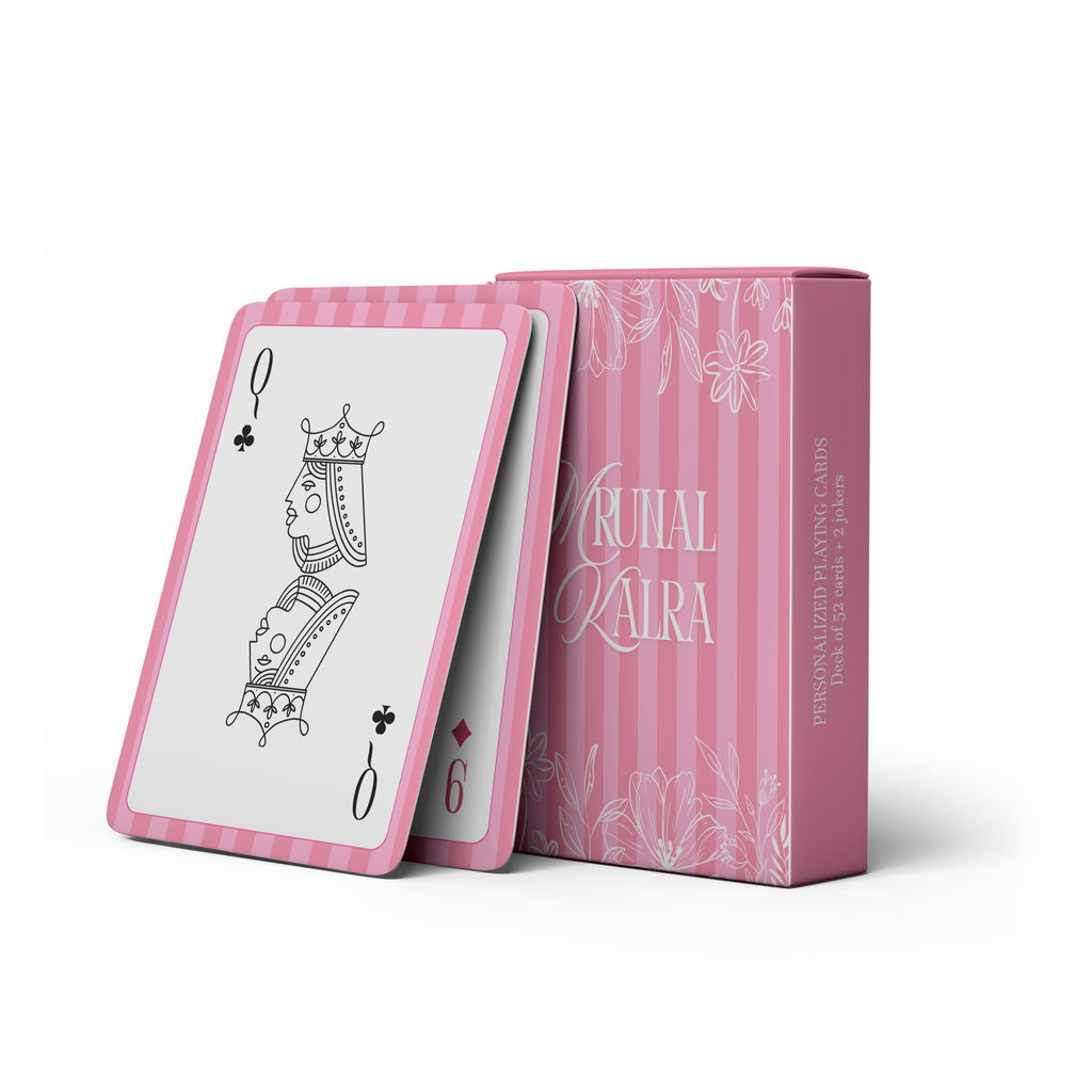 Personalised pink floral playing cards featuring a pink striped border, illustrated queen card, and personalised name on the matching card box.