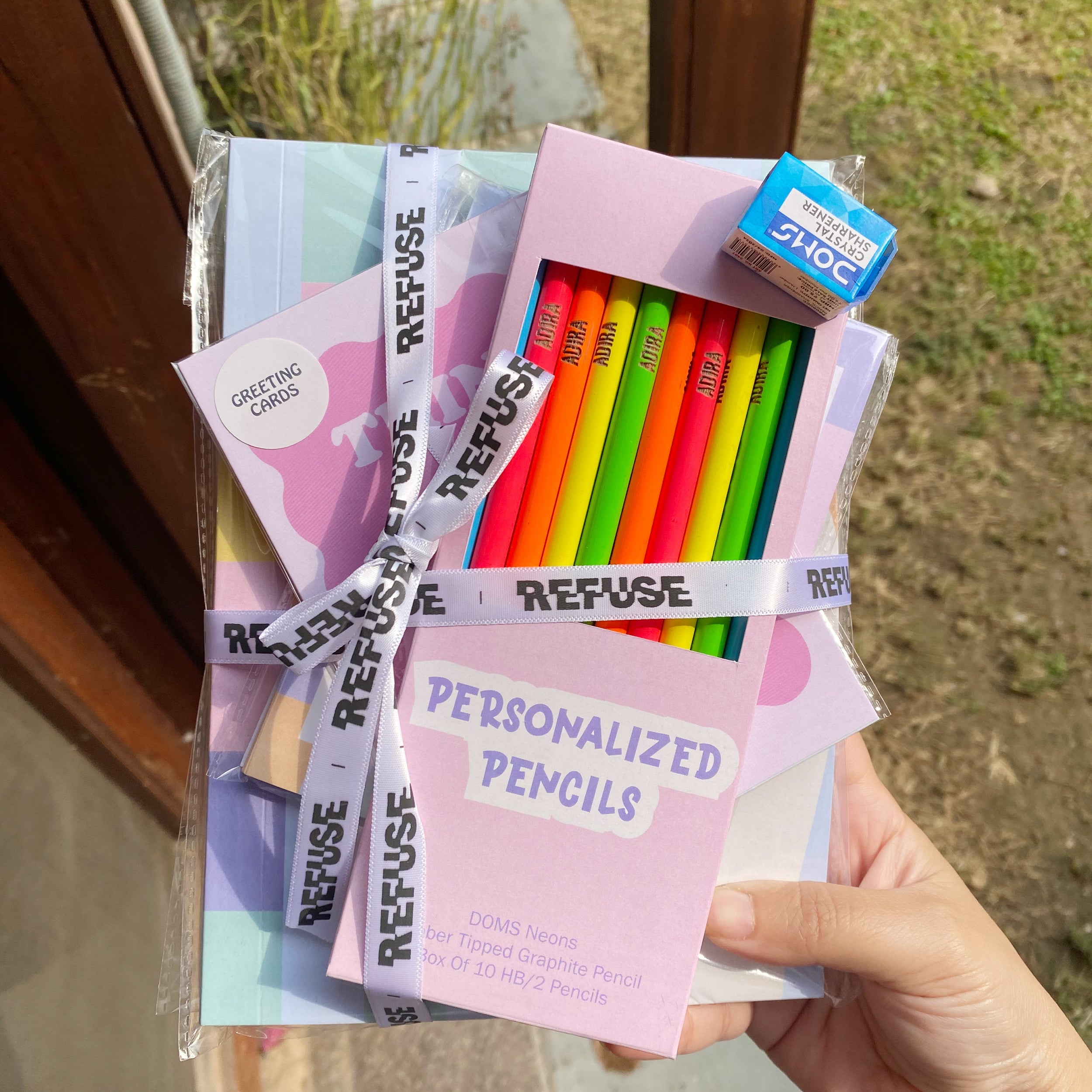 Personalised pencils in a stationery set