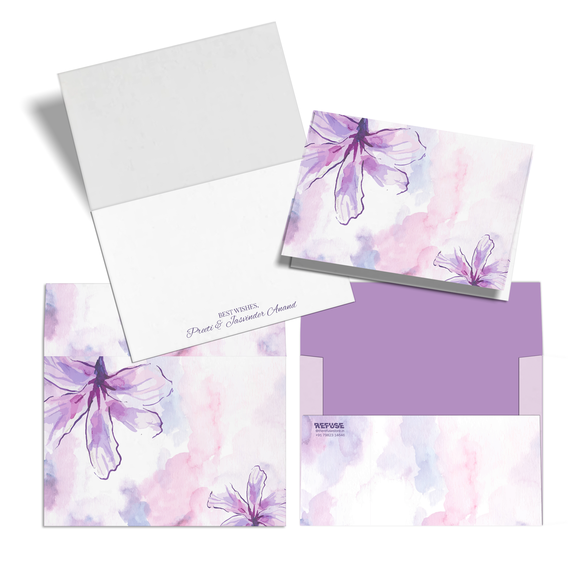 Purple Watercolour Floral Personalised Fold Notecards & Envelopes