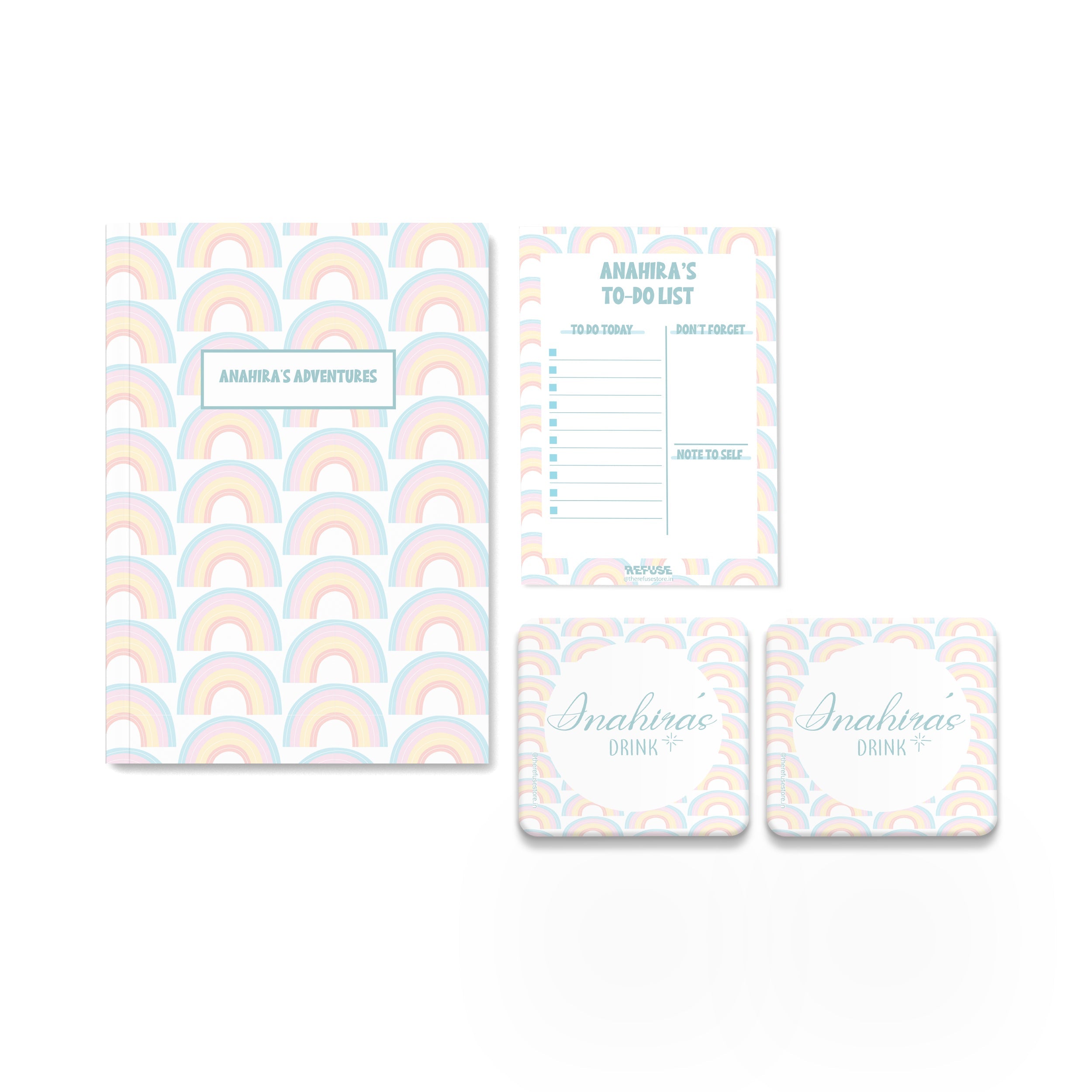 Rainbow personalised notebook,notepad & coasters