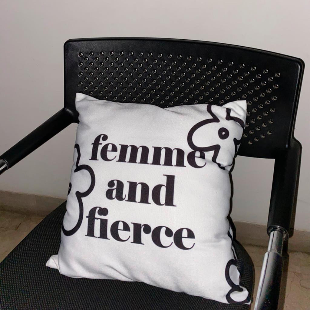 Femme And Fierce Cushion Cover on a chair