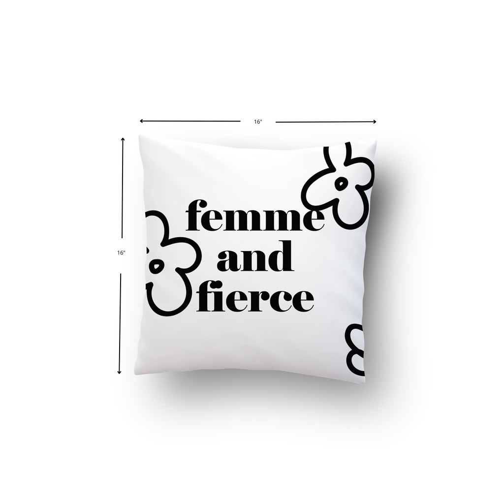 Femme And Fierce Cushion Cover shown with dimensions