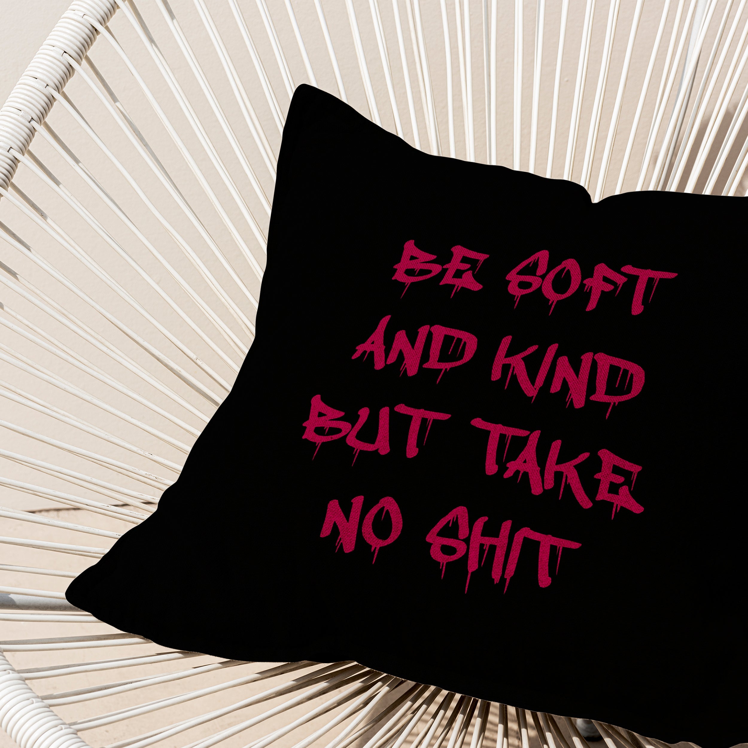Be Soft And Kind But Take No Shit Cushion Cover on a chair