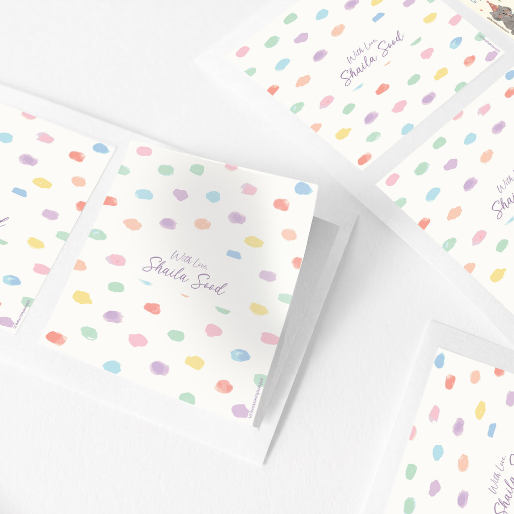 Pastel personalised stickers with colourful abstract dots and custom name text, shown arranged on a white background.