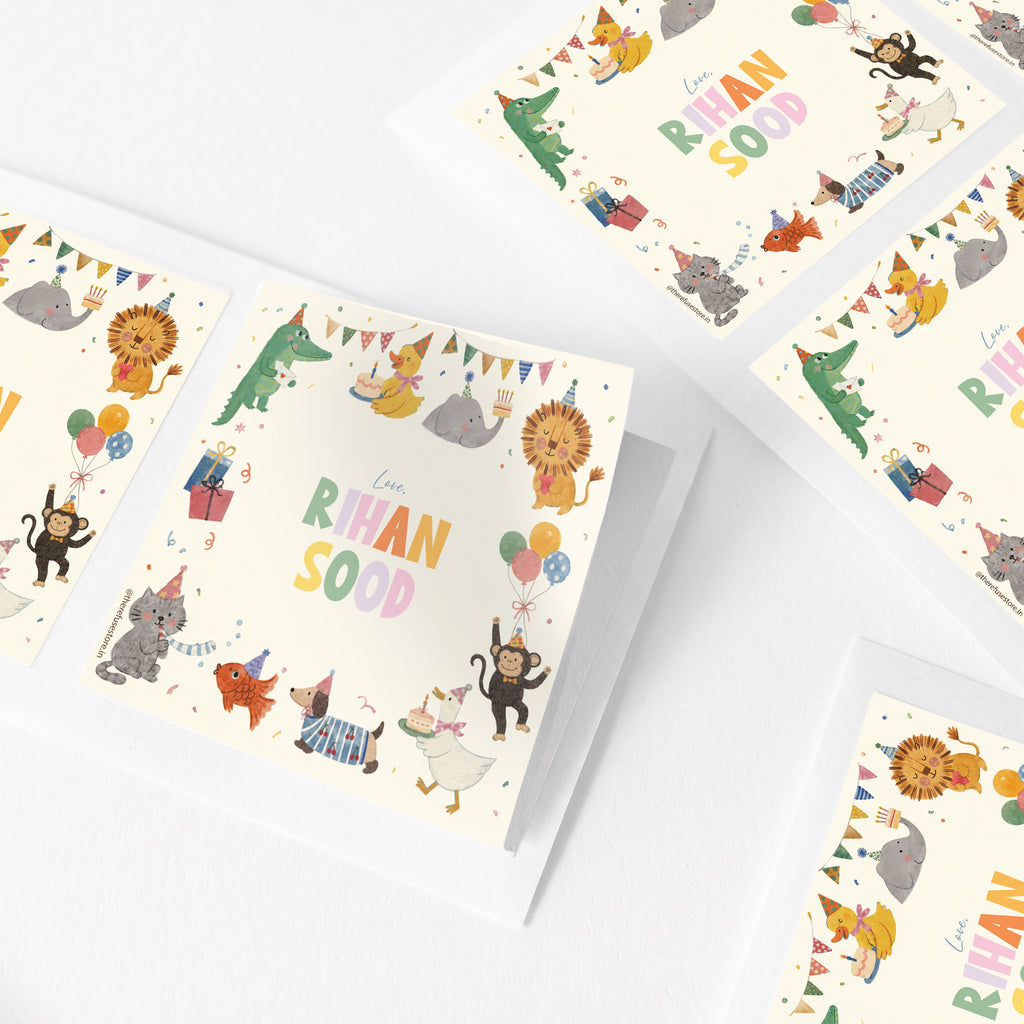 Animal theme personalised stickers with custom name text, shown arranged on a white background.