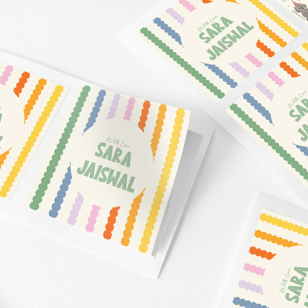 playful lines personalised stickers with custom name text, shown arranged on a white background.