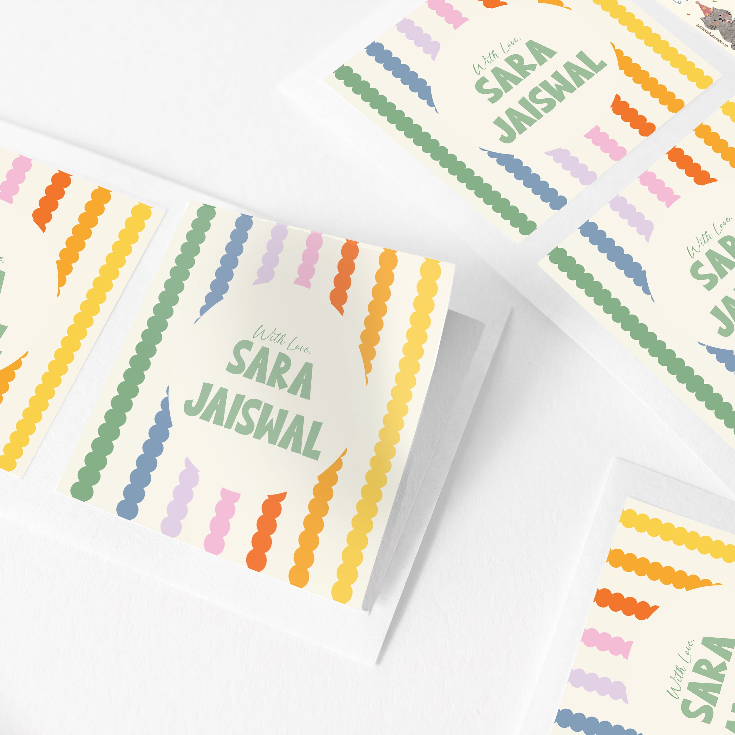 playful lines personalised stickers with custom name text, shown arranged on a white background.