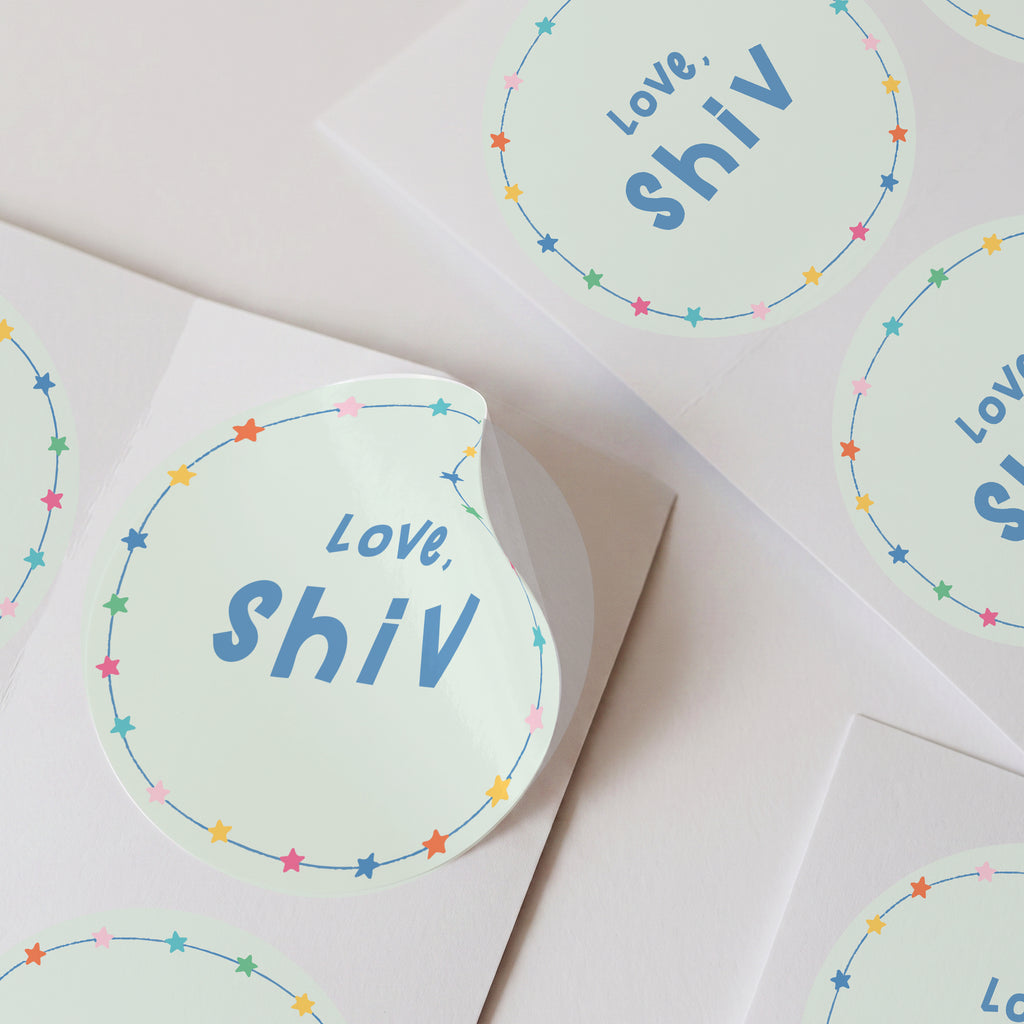 stary personalised stickers with custom name text, shown arranged on a white background.
