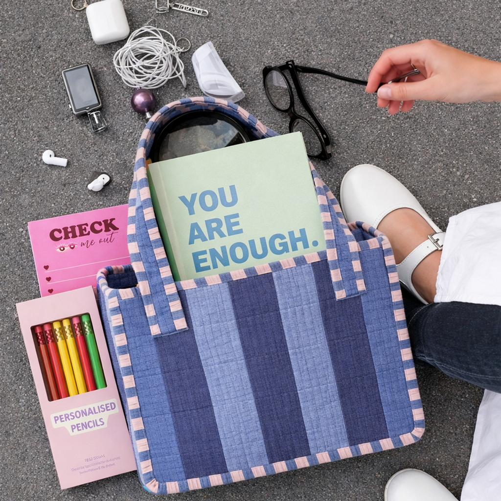 Blue Bold Striped Quilted Mini Tote Bag with notebook, notepad, pencils