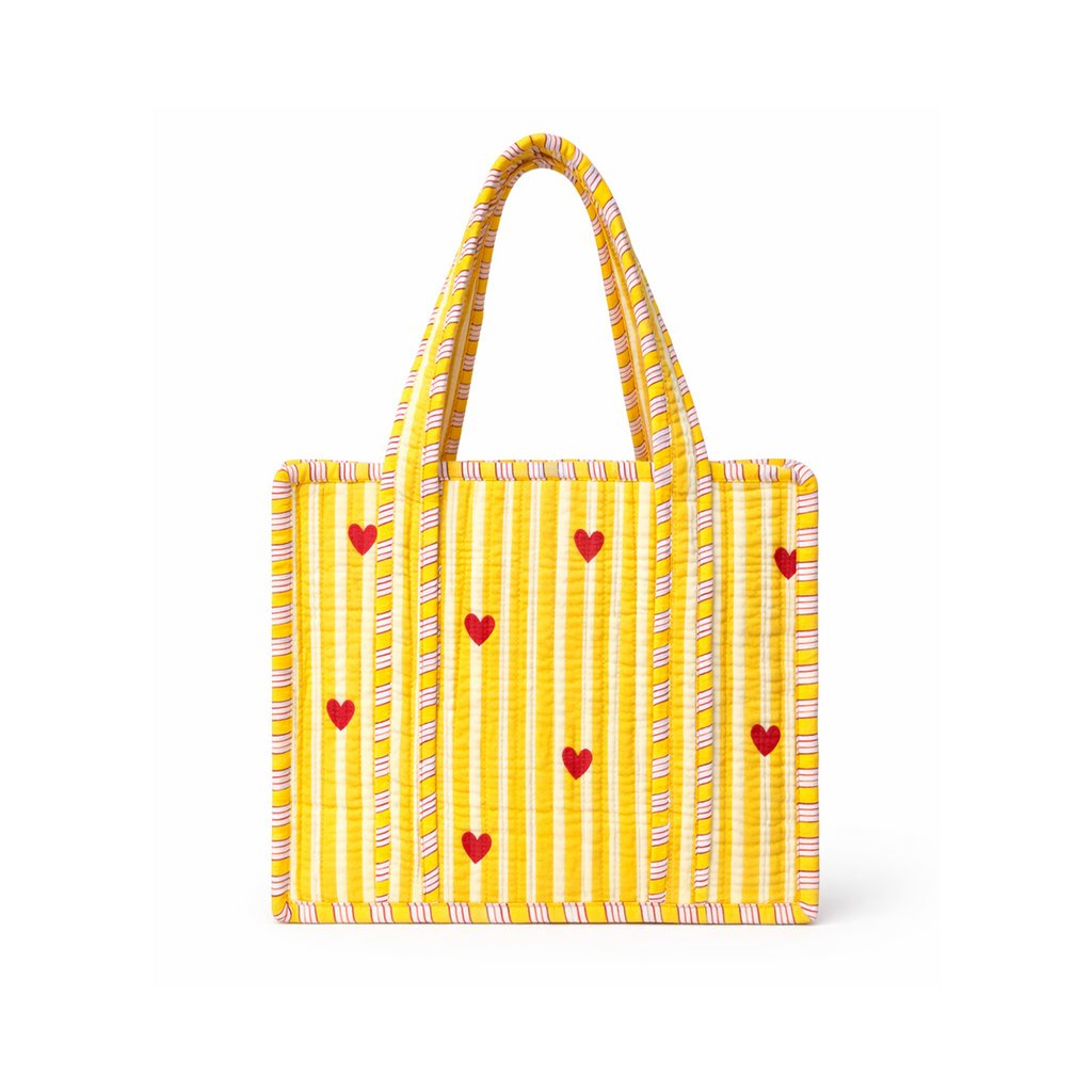 Yellow Heart & Stripe Quilted Mini Tote Bag