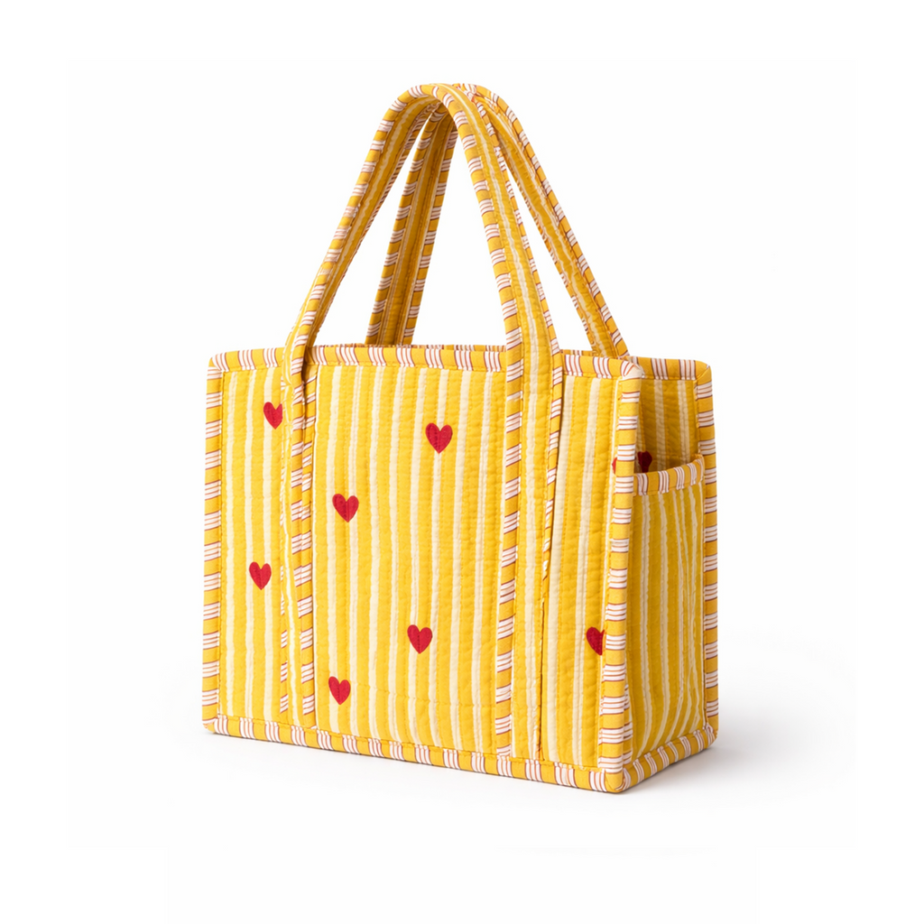 Yellow Heart & Stripe Quilted Mini Tote Bag