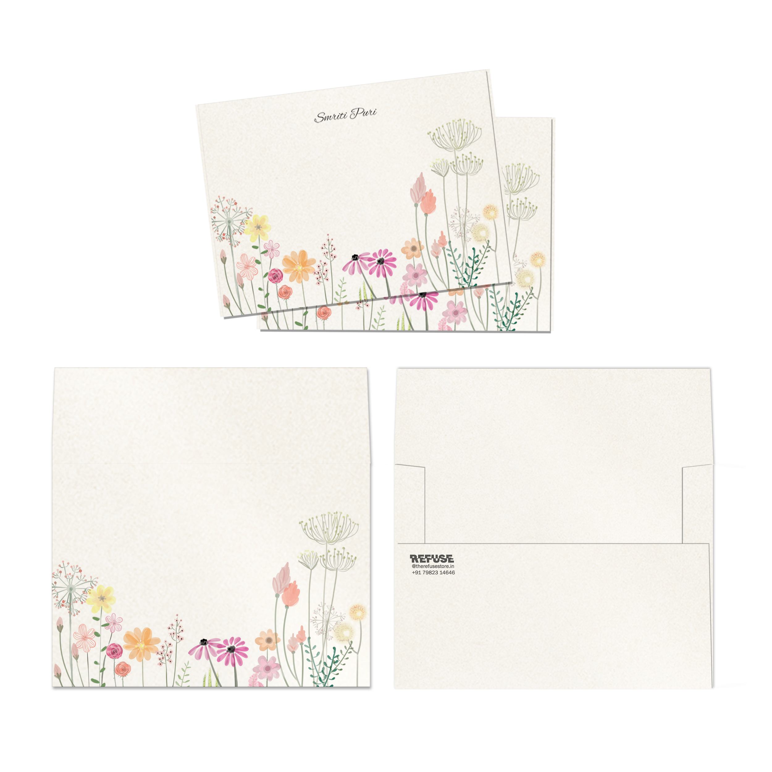 Wildflower Charm Metallic Personalised FLAT Notecards & Envelopes