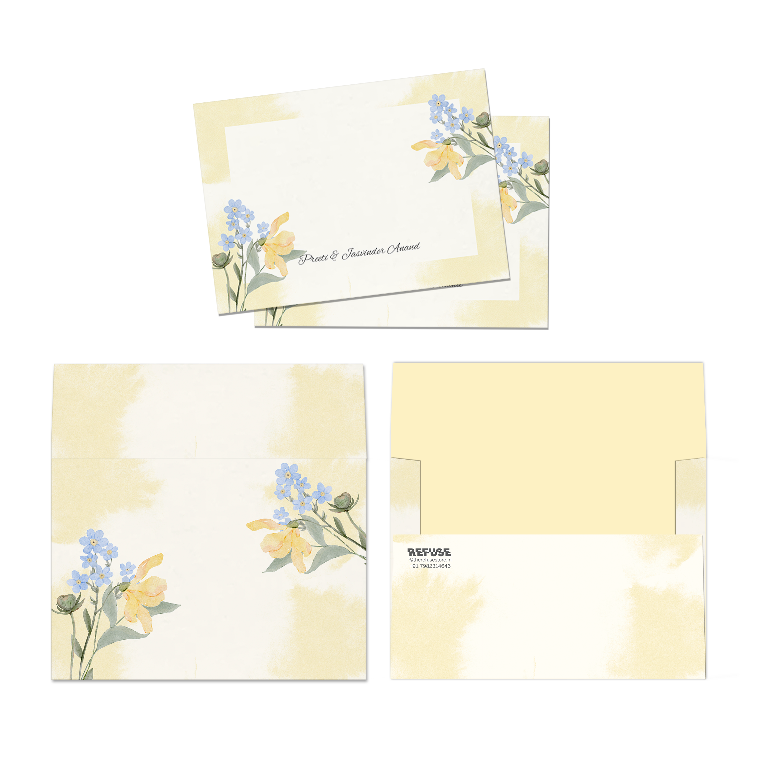 Yellow Watercolour With Blue Flowers Personalised FLAT Notecards & Envelopes