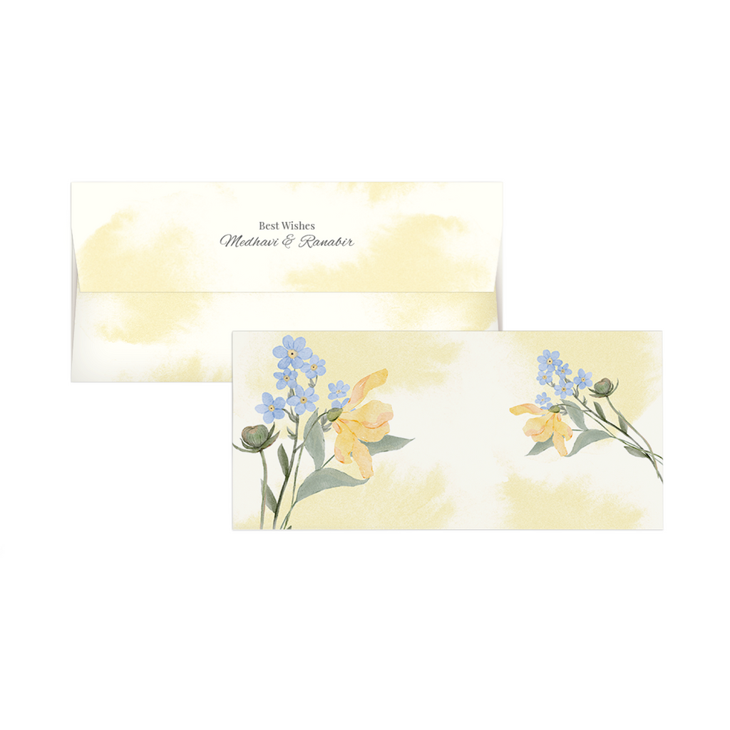 Yellow Watercolour With Blue Flowers Personalised Money Envelopes