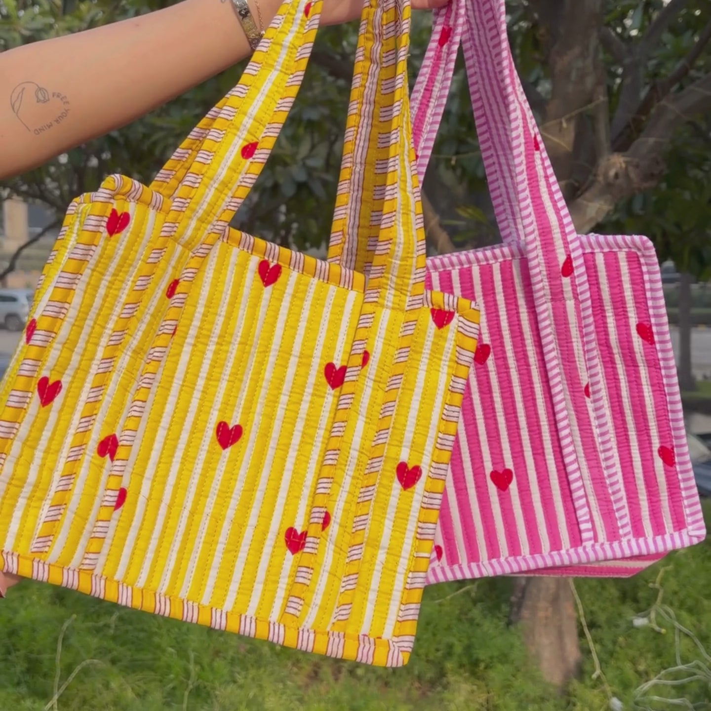 Heart & Stripe Quilted Mini Tote Bag